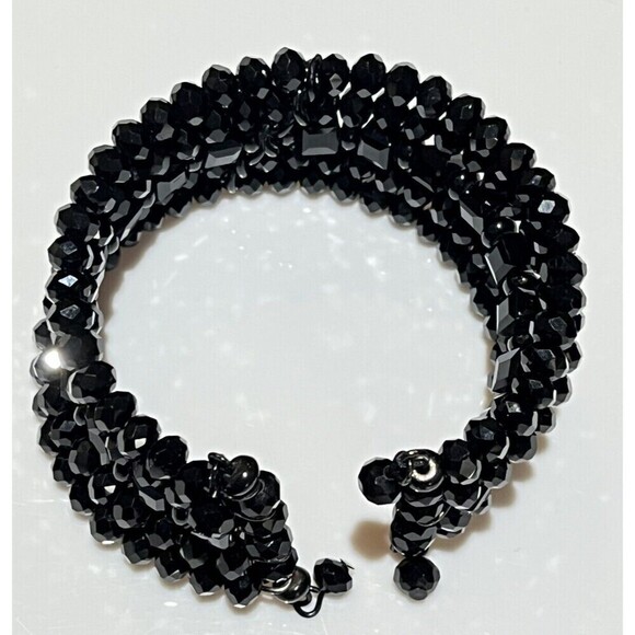 Estate Six Strand Black Faceted Stretch Memory Wire Wrap Bracelet Whimsy Goth - Picture 4 of 6